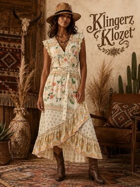 Farm Rio Anthropologie Floral Midi wrap  Dress in pale Yellow
